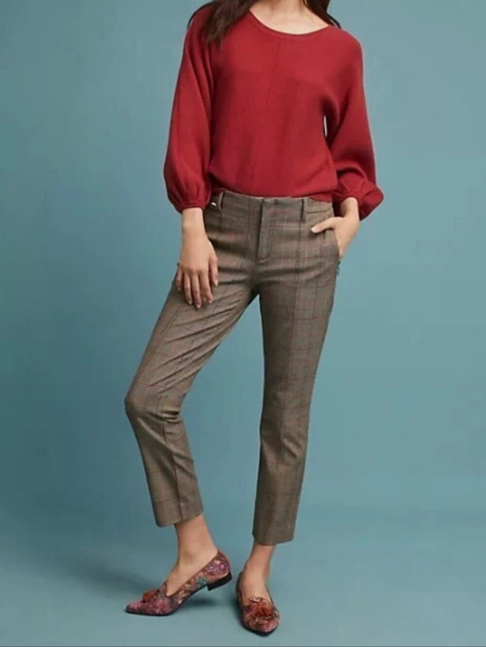 Anthropologie The Essential Collection Brown Plaid Slim Trousers Size 8 - Picture 2 of 12